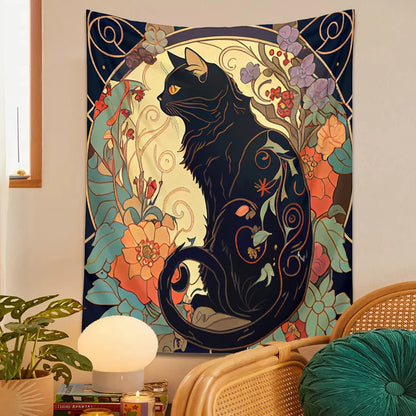 Psychedelic Black Cat Tapestry Wall Hanging Rose