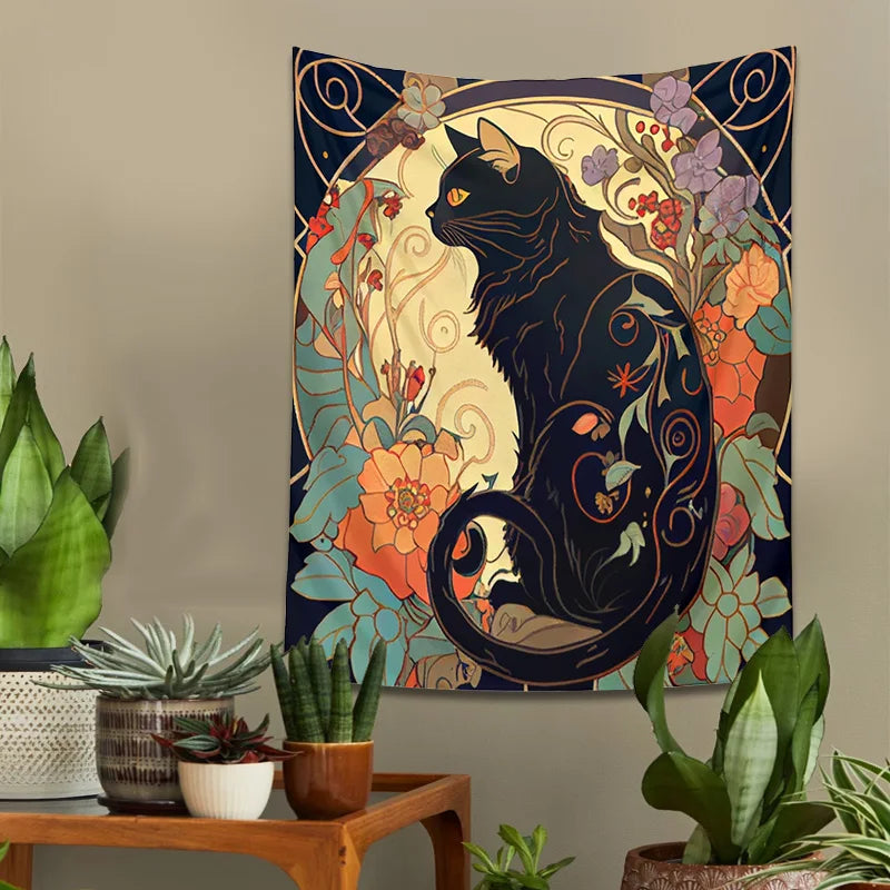 Psychedelic Black Cat Tapestry Wall Hanging Rose