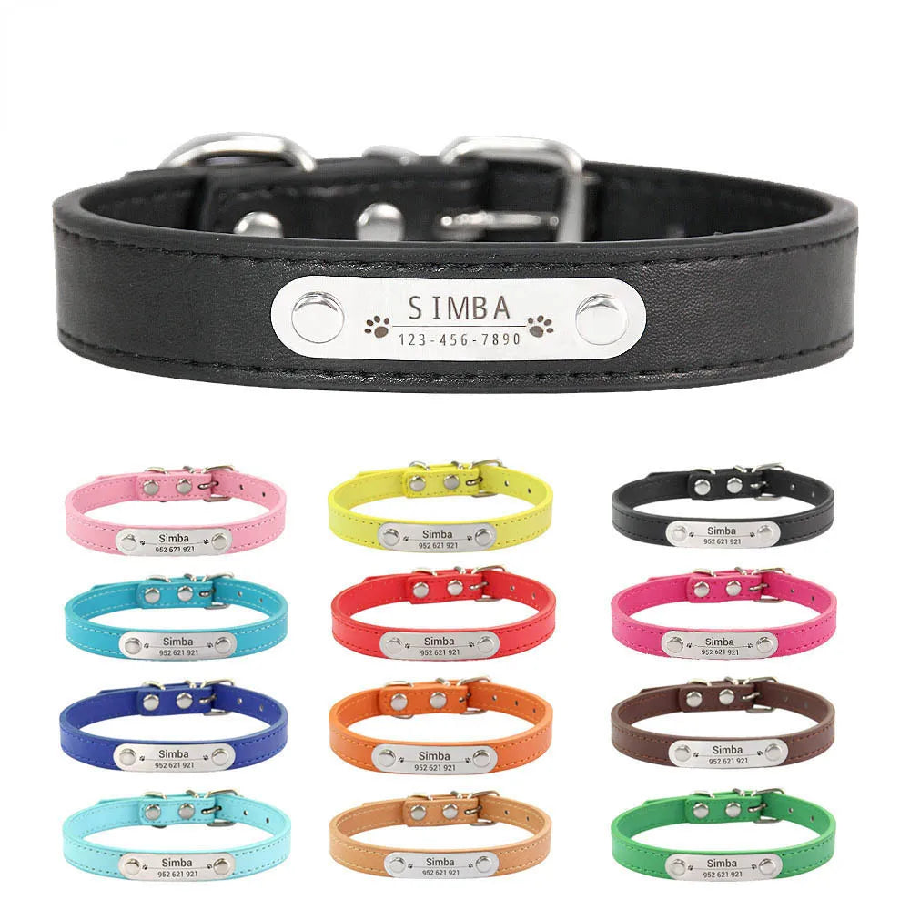 Personalized Dog Collar Anti-lost Solid PU Leather