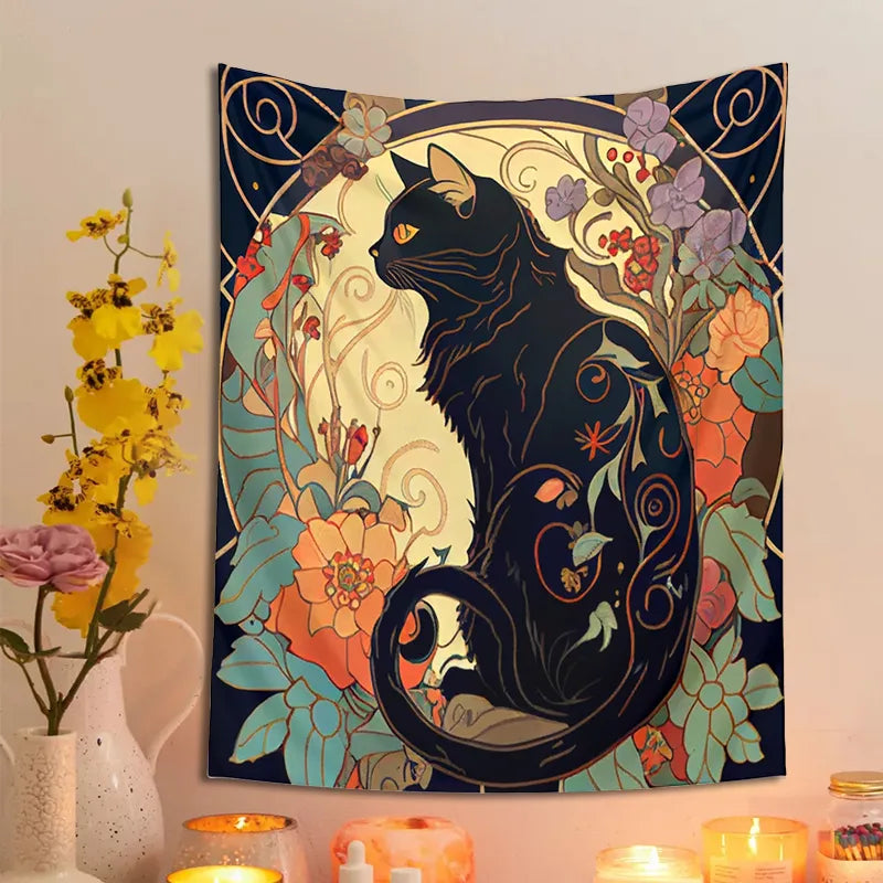 Psychedelic Black Cat Tapestry Wall Hanging Rose