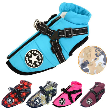 Large Pet Dog Jacket With Harness Winter Warm Dog Clothes