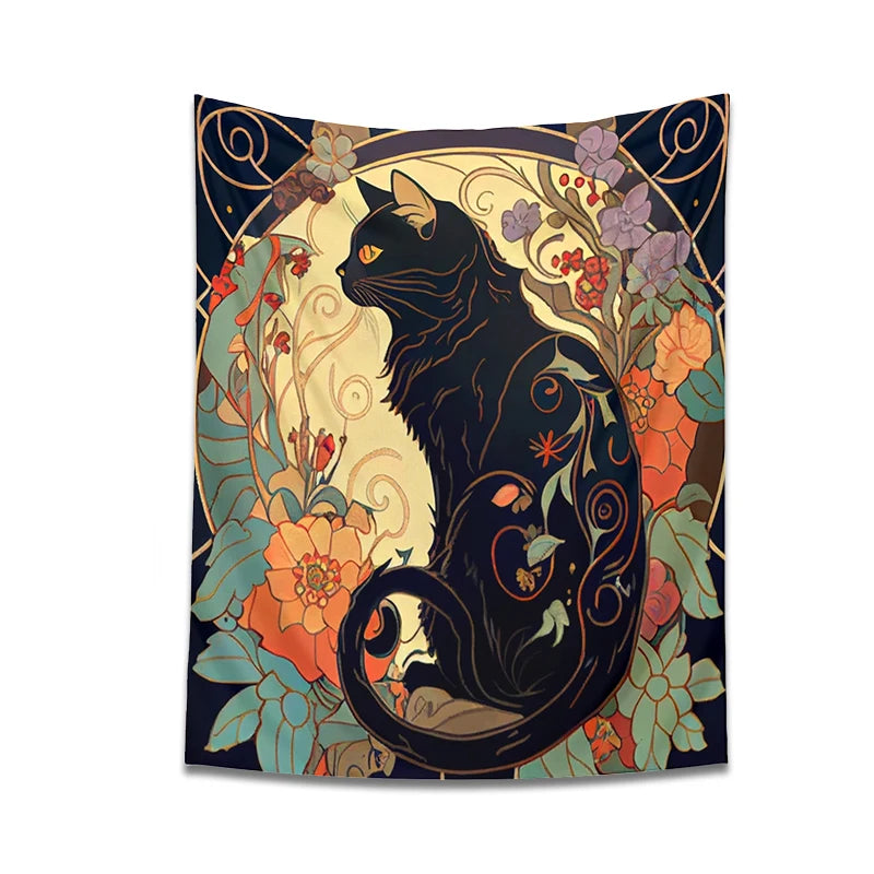 Psychedelic Black Cat Tapestry Wall Hanging Rose